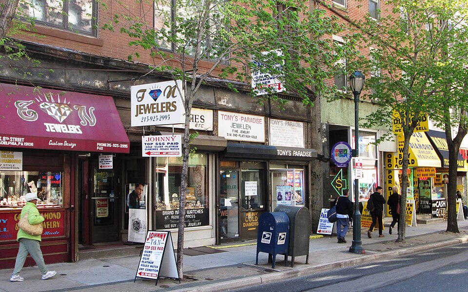 费城珠宝街怎么逛?预算、购物凭证与家庭停留|Jewelers' Row S. 8th Street west side looking north